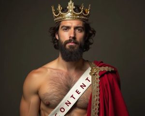 Uomo con corona e fascia 'Content' in stile re, simbolo del concetto 'Content is King'